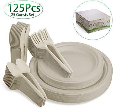 Fuyit 125Pcs Disposable Dinnerware Set, Compostable Sugarcane Cutlery Eco-Friendly Tableware - Microwavable Biodegradable Paper Plates, Forks, Knives and Spoons Combo for Party, BBQ, Picnic(Natural)