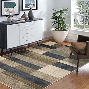 Superior Indoor Area Rug, Jute Backed, Modern Geometric Patchwork Floor Decor for Bedroom, Office, Living Room, Entryway, Hardwood Floors, Rockwood Collection, 7' x 9', Midnight Navy