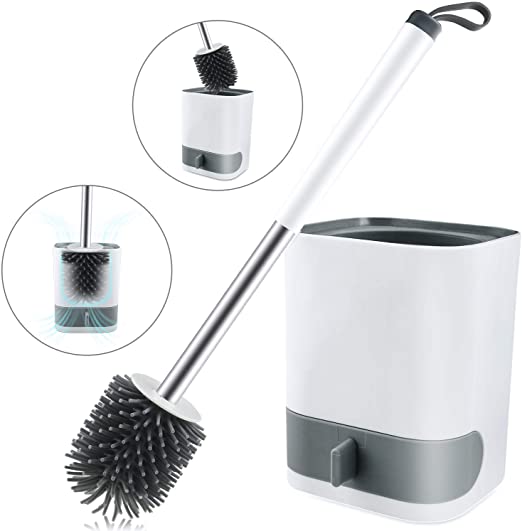 S SVUENCIO Toilet Brush with Holder, Silicone Brush with No-Slip Plastic Handle for Cleaning Bathroom Toilet, Decomposable and Water Drawer (Flooring/Mounted Wall)
