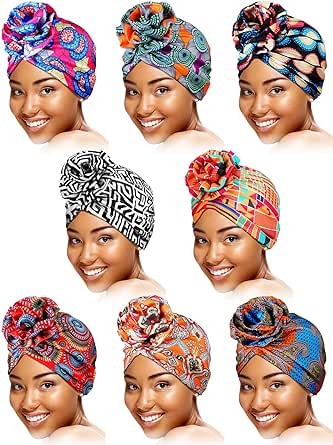 SATINIOR 8 Pieces Women Turbans African Pattern Knot Headwrap Bohemian Print Pre Tied Flower Knot Bonnet Hat for Women Girls