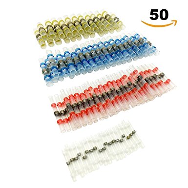 50pcs Solder Seal Wire Connector, Sopoby Solder Seal Heat Shrink Butt Connectors Terminals Electrical Copper(22Red 13Blue 10White 5Yellow)