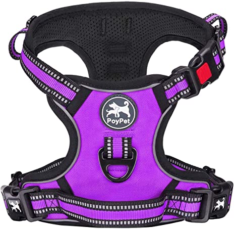 PoyPet No Pull Dog Harness, [Release on Neck] Reflective Adjustable No Choke Pet Vest with Front & Back 2 Leash Attachments, Soft Control Training Handle for Small Medium Large Dogs(Purple,S)