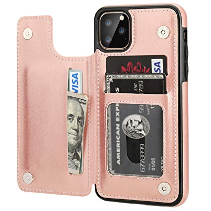 iPhone 11 Pro Max Wallet Case with Card Holder,OT ONETOP PU Leather Kickstand Card Slots Case,Double Magnetic Clasp and Durable Shockproof Cover for iPhone 11 Pro Max 6.5 Inch(Rose Gold)