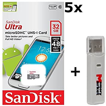 5 Pack - SanDisk Ultra 32GB UHS-I Class 10 MicroSDHC Memory Card Up to 48mb/s SDSQUNB-032G LOT of 5 with USB 2.0 MemoryMarket Dual Slot MicroSD & SD Memory Card Reader