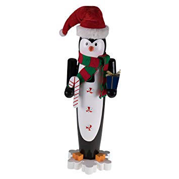 Clever Creations Traditional Penguin Nutcracker Collectible Wooden Christmas Nutcracker | Festive Holiday Decor | Wearing Red and Green Scarf | Holding Candy Cane and Gift | 100% Wood | 15” Tall