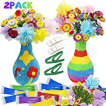 Motiloo Flower Kit for Kids Crafts and Arts Set, Rainbows Vase and Button Flowers Crafts for Girls Age 4 6 8 9 10 12 Years Old Kid Activities Party Favors (Rainbow Moon Combination)