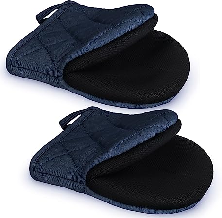 TOPSKY Mini Oven Mitts Microwave Mitts Pot Holder Heat Resistant Neoprene Cotton Gloves Surfaces Non-Slip Short Oven Gloves, Navy 1 Pair