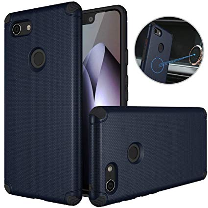 Google Pixel 3 XL Case, Google Pixel 3 XL Car Case, Dretal Shock-Absorption Armor Anti-Slip Texture Protective Case Cover with Embedded Metal Plate for Magnetic Car Mounts (Navy Blue)