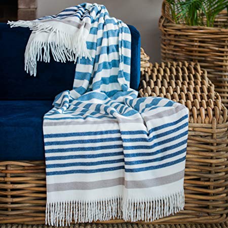 Decorative Throw Blanket - MELODY FIFTH AVENUE (60"X80") Provincial Blue/Cobblestone, Large Size, Stripe Design, Homeware Fashion