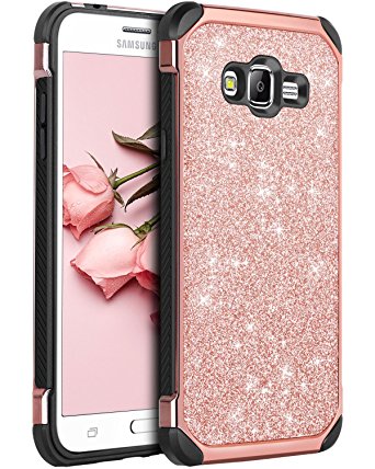 Galaxy Grand Prime Case, Galaxy J2 Prime Case, BENTOBEN Glitter 2 in 1 Slim Hard Laminated with PU Leather Chrome Shockproof Protective Case for Samsung Galaxy Grand Prime G530/J2 Prime , Rose Gold