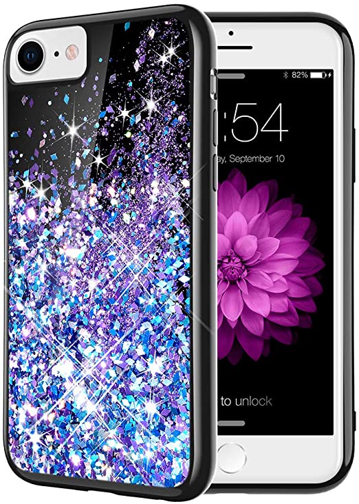Caka iPhone 7 8 SE 2020 Case, iPhone SE 2020 Glitter Case Bling Girly Girls Women Flowing Floating Luxury Liquid Sparkle Soft TPU Black Glitter Case for iPhone 7 8 SE 2020 (Blue Purple)