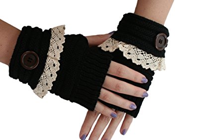 Blue 55 Cute Cozy Fingerless Thumbhole Knitted Lace Hand Warmer Glove Mittens w/ Buttons