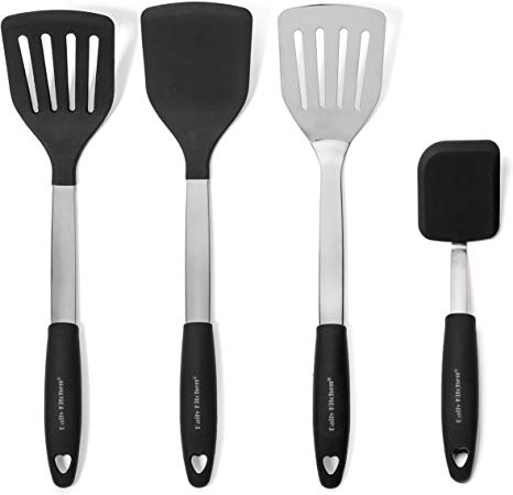 Daily Kitchen Spatula Set Heat Resistant Silicone and Stainless Steel - Turner Spatulas Rubber Grip - Flexible Silicone Spatulas for Cooking and Grilling - Pancake Turners, Egg Flippers - 4-Piece Set