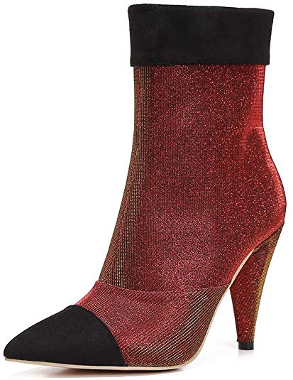 MACKIN J Booties 239-1 Women's Ankle Boots Pointed Toe Sequined Mesh High Heel Bootie with Cone Heel