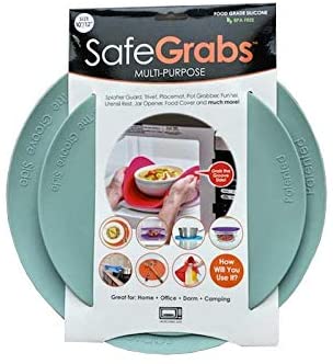 Safe Grabs: Multi-Purpose Silicone Microwave Mat as Seen on Shark Tank | Splatter Guard, Trivet, Hot Pad, Pot Holder, Minimize Mess (BPA Free, Heat Resistant, Dishwasher Safe), Set of 2, (Mist)