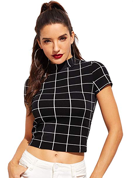 WDIRARA Women's Sexy Short Sleeve Checkered Tee Shirt Knot Back Plaid Crop Top