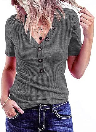 MEROKEETY Women's Short Sleeve V Neck Ribbed Button Tops Basic Solid Color Tee Shirts