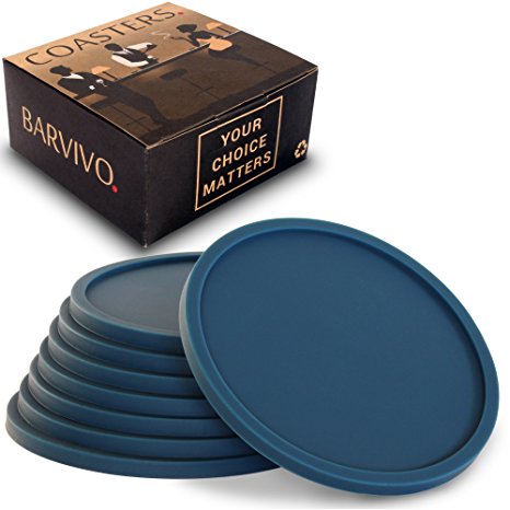Drink Coasters by Barvivo Set of 8 - Tabletop Protection For Any Table Type, Wood, Granite, Glass, Soapstone, Marble, Stone Tables - Perfect Blue Soft Coaster Fits Any Size of Drinking Glasses.