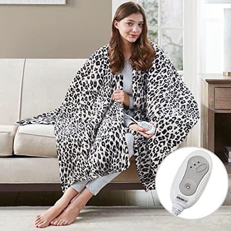 Cozy Sherpa Heated Shawl Wrap Heat Blanket | Electric Heating Throw with Controller | Washable, Auto Shutoff, Reversible 50 x 64 Inch, Snow Leopard