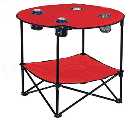 Preferred Nation Folding Table, Polyester with Metal Frame, 4 Mesh Cup Holders, Compact, Convenient Carry Case Included - Red