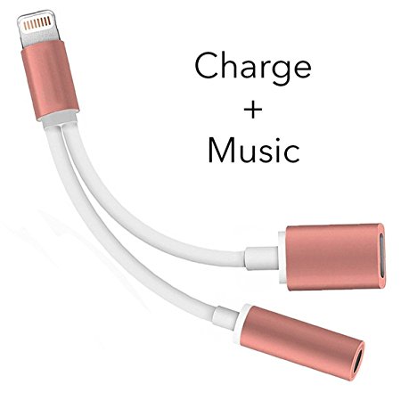 2 in 1 Lightning iPhone 7 Adapter, Lightning Adapter and Charger, Lightning to 3.5mm Aux Headphone Jack Audio Adapter for iphone 7 / 7 plus(Rose Gold) - No Calling Function and Music Control