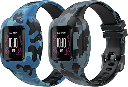 MoKo 2PACK Band Compatible with Garmin Vivofit JR 3 Tracker, Soft Silicone Printing Pattern Adjustable Replacement Strap Fits 5.1-7.5in Wristband Bracelet, Camouflage Blue & Mosaic