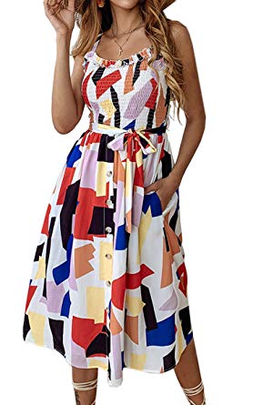 Angashion Women's Dresses - Summer Boho Floral Spaghetti Strap Button Down Belt Swing A line Midi Dress with Pockets