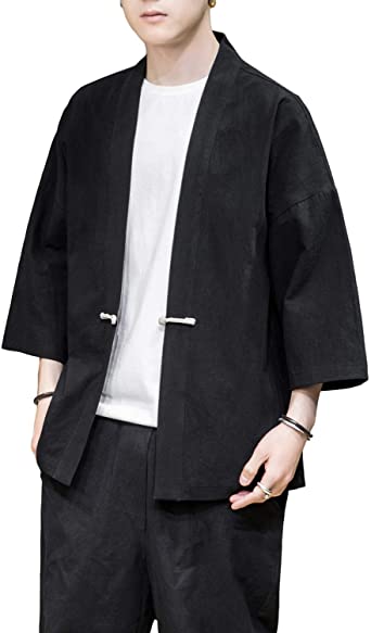 PRIJOUHE Men's Kimono Jackets Cardigan Casual Cotton Blends Linen Seven Sleeve Open Front Embroidery Coat