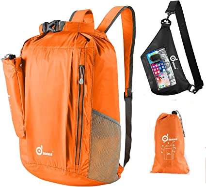 Odoland Waterproof Backpack Sack and IPX8 Dry Bag - 20L Lightweight Large Waterproof Dry Backpack and Dry Phone Pouch for Kayak Surf Paddle Boarding Camping Hiking Float Boat Fishing Orange