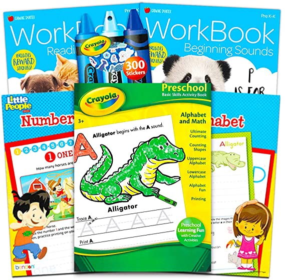 Crayola Preschool Workbooks Bundle -- 5 Pre-K Learning Workbooks for Preschoolers and Reward Stickers (Alphabet, Counting, Colors, Shapes and More)