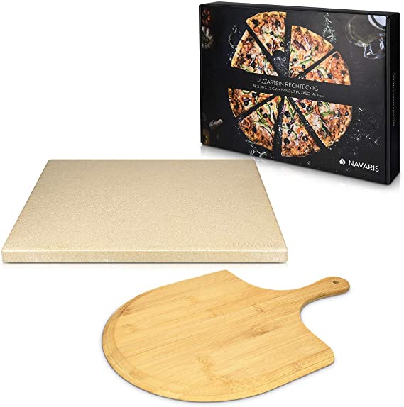 Navaris Pietra Refrattaria per Cottura Pizza - per Cuocere nel Forno di Casa Pane Pizze - Teglia Rettangolare 38x30cm Cordierite 800° con Pala bambù