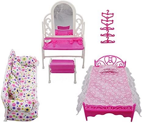 Tabpole Princess Furniture Accessories Kids Gift 1xDresser Set   1x Sofa Set 1xBed Set   5X Hangers for Barbie Doll 8 Items/lot