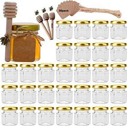 Woaiwo-q 1.5 oz Hexagon Mini Glass Honey Jars, 30 Pack Hexagon Glass Jars with Lids(Golden),Wooden Honey Sticks,Bronzy Bee Pendants,Small Tags, Jute Twine for Honey, Wedding Favors,Jams.