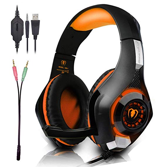 PS4 Headset, Gaming Headset for Xbox One PS4 PC, Surround Stereo Sound Over-Ear Headphones with Noise Cancelling Mic, LED Lights, Volume Control for Laptop, Mac, Nintendo Switch Games - Orange