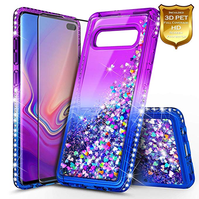 Galaxy S10 Case with Screen Protector (Full Coverage 3D PET) for Girls Women, NageBee Glitter Liquid Sparkle Bling Floating Waterfall Diamond Durable Cute Case for Samsung Galaxy S10 -Purple/Blue
