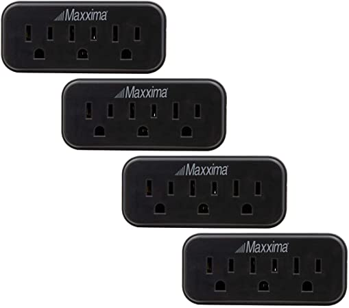 Maxxima 3 Grounded Multi Outlet Adaptor Wall Plug, Turn one outlet into 3, Black (Pack of 4)