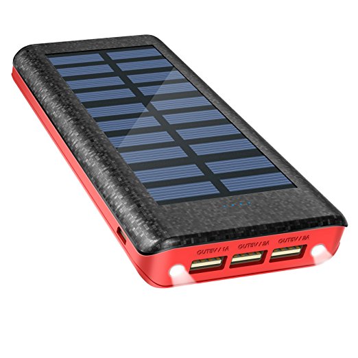 Solar Charger Power Bank 24000mAh , OLEBR portable charger big capacity external battery with high speed Input Port, 2 LED Light and 3 High Speed USB Charging Ports for iPhone, iPad, Samsung Galaxy, Android and other Smart Devices-RED
