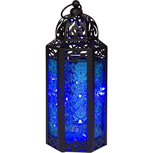 Blue Glass Moroccan Style Lantern with optional matching LED Fairy String Lights