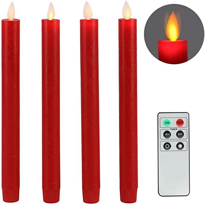 Red Flameless Taper Candles with Moving Flame, Real Wax Finished Flickering Battery Operated Candles - Set of 4, Remote Control and Batteries Included