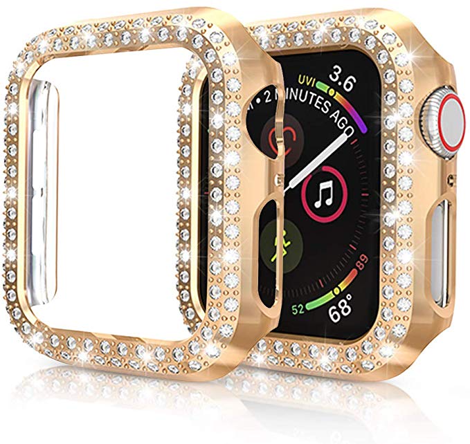 Protector Case Compatible with Apple Watch Series 5 Series 4 44mm Cover, Double Row Bling Crystal Diamonds Protective Cover PC Plated Bumper Frame Accessories (Rose Gold, 44mm)