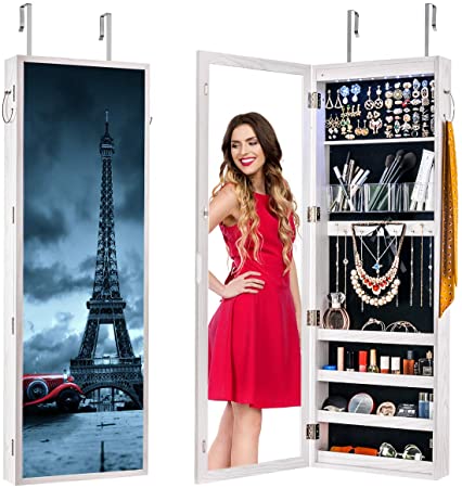 Jewelry Cabinet Wall/Door mounted,8 LED Jewelry Armoire with Mirror,Full Screen Dressing Mirror Makeup Jewelry Chest with Colorful Picture Frame,Large Capacity Painted Jewelry Organizer - Eiffel Towe