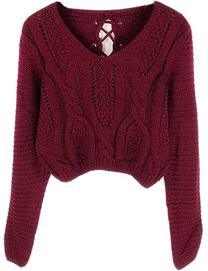 PrettyGuide Women's Long Sleeve Eyelet Cable Lace Up Crop Top