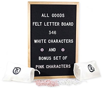 Felt Letter Board | 12x18 Inch Oak Frame & Black Felt | 346 White & 346 Pink Changeable Letters and BONUS Drawstring Canvas Pouch
