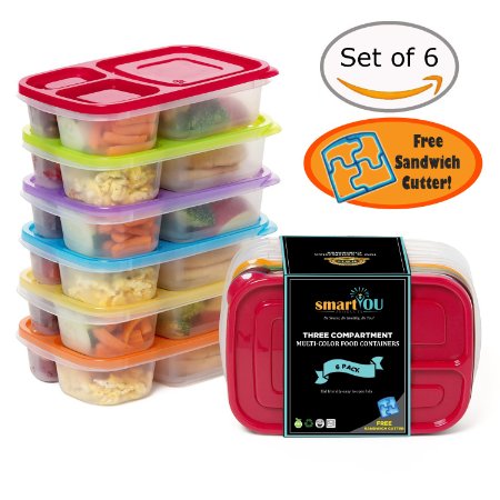 3-Compartment Multicolored Bento Lunch Box Containers for Adults & Kids (6 Pack)   FREE Puzzle Sandwich Cutter! Easy Tab Lids, BPA-Free, Microwave/Dishwasher Safe by smartYOU Products - BEST QUALITY!