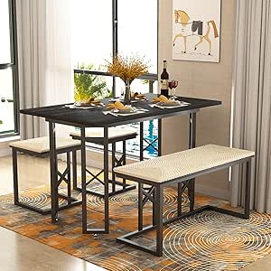 VECELO 43.3" Farmhouse Dining Table Set for 4 with 3 Benches KnotCushions&Adjustable Feets, Space-Saving/Sturdy/Industrial, Metal Frame Dinette for Breakfast Nook and Home, Black, 43.3in