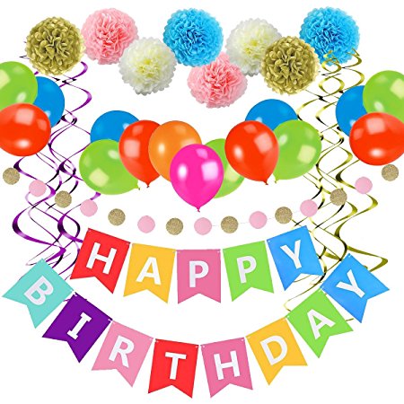 Happy Birthday Decorations Supplies - Exqline Birthday Supplies with Pom Poms Flowers Kit, Happy Birthday Banner, paper Garland, Colorful Balloons, and Hanging Swirl for Birthday Kids Adult Birthday Decorations