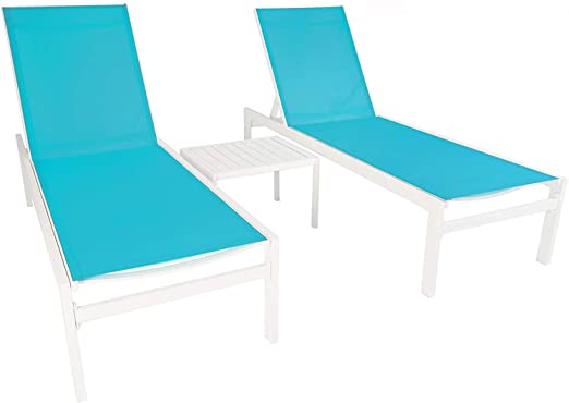 Kozyard Modern Full Flat Alumium Patio Reclinging Adustable Chaise Lounge with Sunbathing Textilence for All Weather, 5 Adjustable Position, Very Light, Anti-Rusty (2 Pack Blue w/Table)