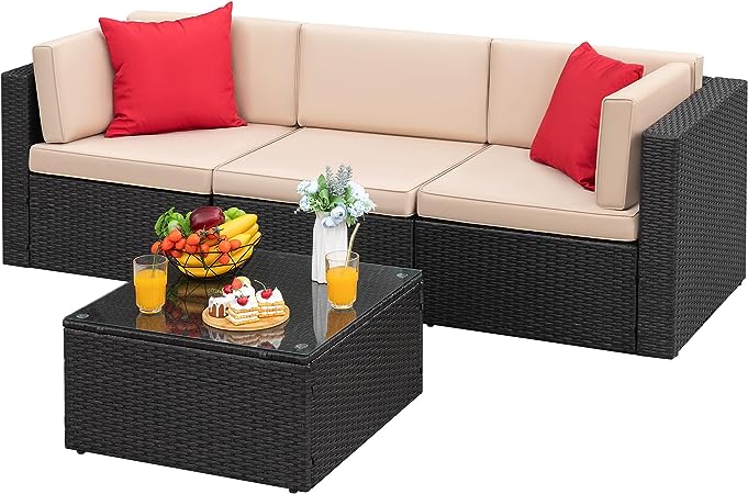 Flamaker Patio Furniture Set 4 Piece Wicker Outdoor Sectional Sofa with Thick Cushions & Tempered Glass Table Patio Conversation Sofa Set for Deck, Porch, Terrace (Beige)