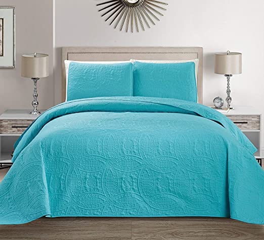 Fancy Collection 3pc King/California King Embossed Oversized Coverlet Bedspread Set Solid Turquoise/Baby Blue New