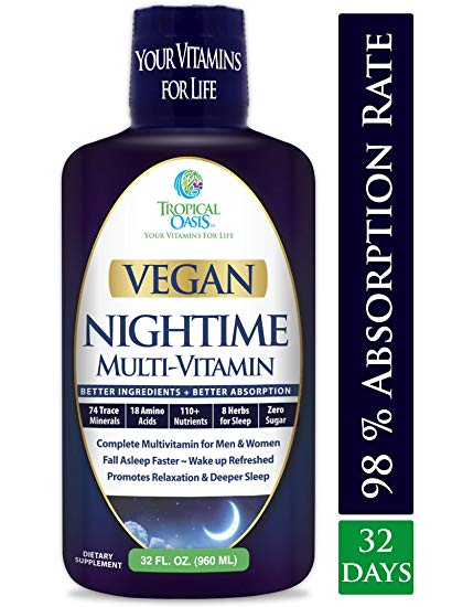 Vegan Nighttime Liquid Multivitamin for Sleep| 120+ Nutrients,74 Trace Minerals,18 Amino Acids, Herbs |Fall Asleep Faster,Sleep Longer| Over 100% DV Vitamins A C D E B6 B12 | Plus Melatonin |32 Serv